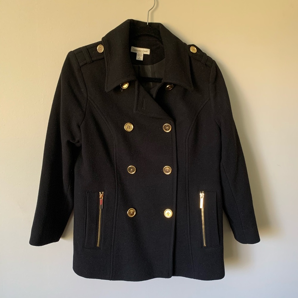 Coldwater Creek Black Pea Coat with gold buttons